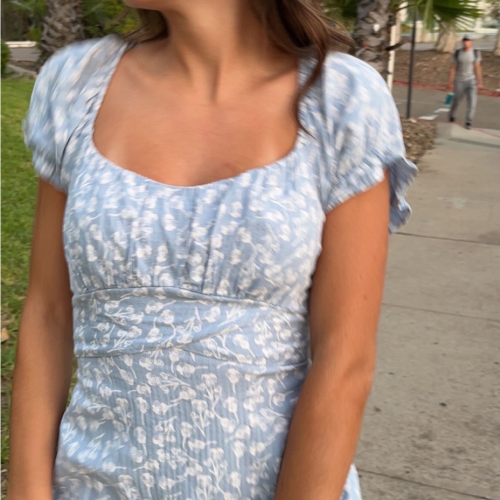 Light Blue Floral midi dress with slit and puff sleeves